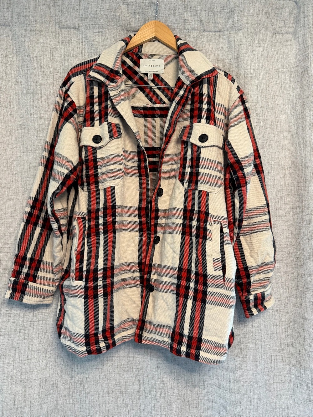 Lucky Brand Red and Cream Plaid Button-Front Kids Shirt Jacket